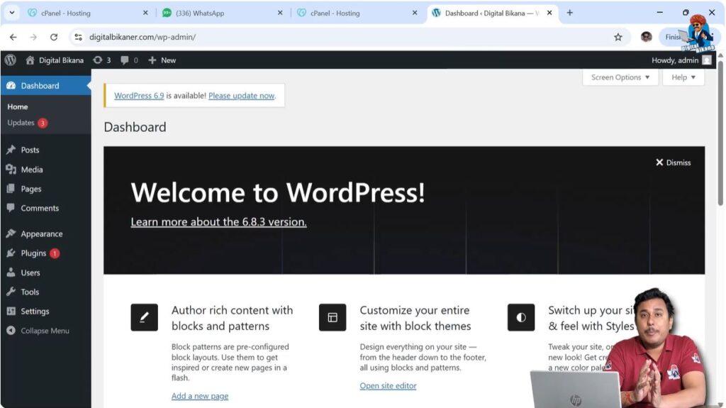 WordPress admin dashboard after successful login