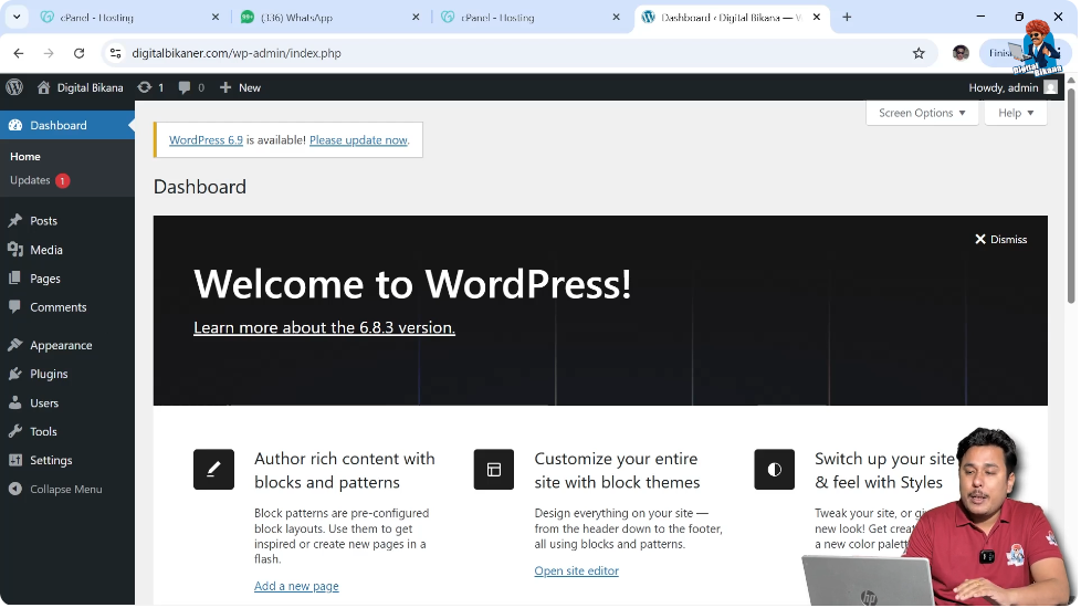 WordPress dashboard interface showing menu options and overview widgets