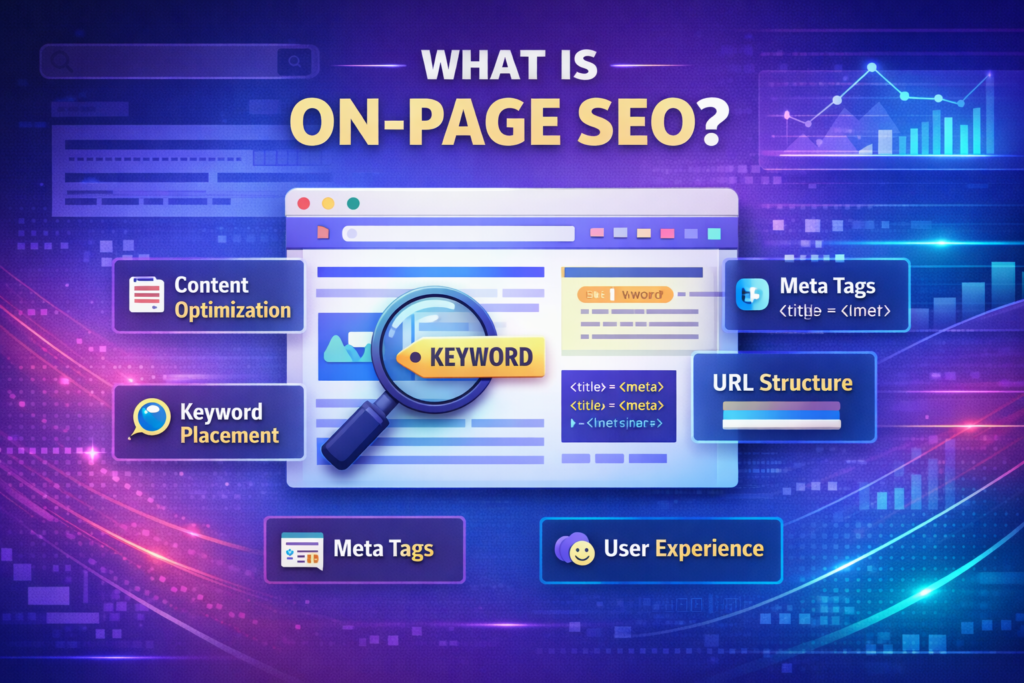 Diagram explaining on-page SEO elements like content and HTML tags